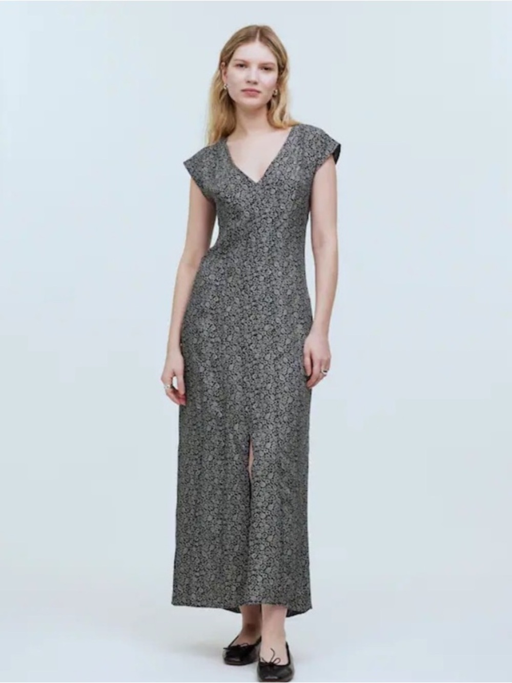Madewell black cap cape sleeve V neck long dress 2